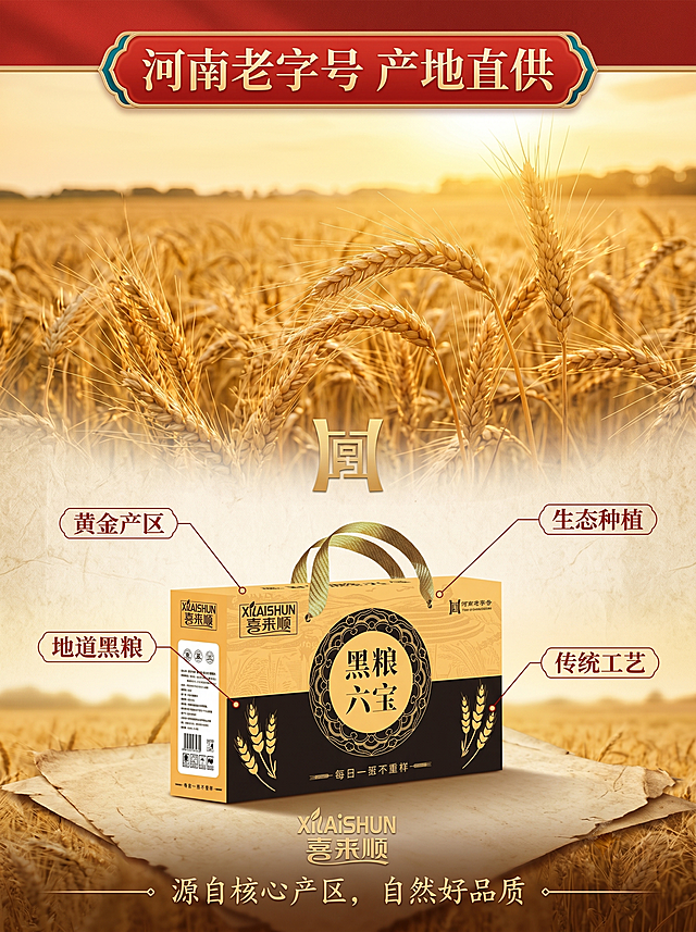 [主图-5] 喜来顺黑粮六宝产品溯源页。整体沿用红金喜庆国风风格，视觉统一，画面上方展示河南金色麦田产区实景，麦穗饱满金黄，自然阳光氛围感，下方放置喜来顺黑粮六宝礼盒实物，自然融合。顶部标题红色字体写"河南老字号 产地直供"，中部用引线和小字标注核心优势：黄金产区、生态种植、地道黑粮、传统工艺。整体排版清晰，产品和产地实景结合，传递产地信任感。保持红金配色国风喜庆风格，满铺无边框，商业摄影质感，自然暖光通透，颜色自然真实。比例3:4，2k分辨率，文字清晰可辨，超高清。负向提示词：变形，水印，文字错乱，产品图模糊，背景杂乱，价格信息。