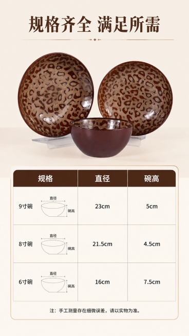[第6屏] 规格参数页，清晰展示海谱优美式复古棕豹纹陶瓷碗盘三种尺寸参数。本屏使用【图1】作为产品主体。
[氛围/风格] 规整信息卡风格，清晰明了，专业可信。
[元素布局] 上半部分展示碗盘组合全景，预览效果