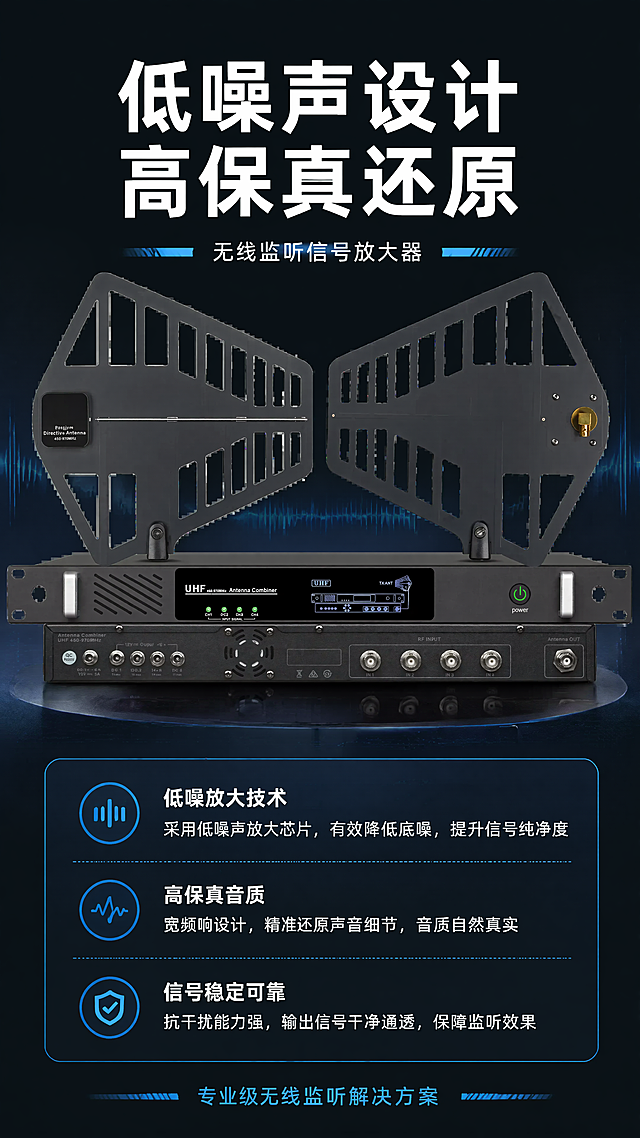 根据产品特性再生成5张关于无线耳返监听信号放大器的特点