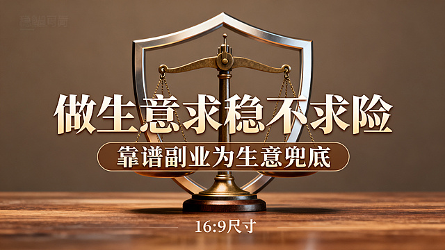 16:9尺寸海报，主标题:"做生意求稳不求险"，副标题:"靠谱副业为生意兜底"，使用圆体字体，背景为平衡秤背景搭配安全护盾元素，稳重可靠风格，主副标题分明