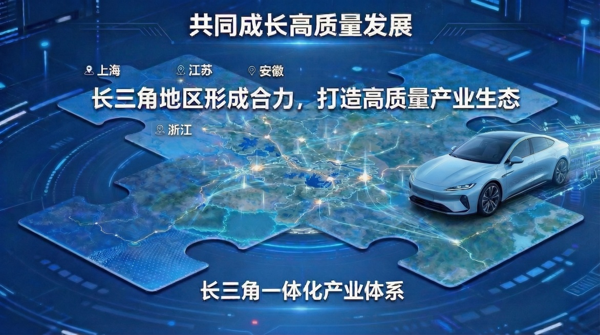 基于原图裁剪，只保留长三角四个省份上海、安徽、浙江、江苏的区域，去掉其他多余区域，完整展示四个省市无缝拼接一体，保留发光连接线路、右侧新能源汽车、全部标题文案，深蓝色科技背景，保持整体浑然一体不割裂，预览效果