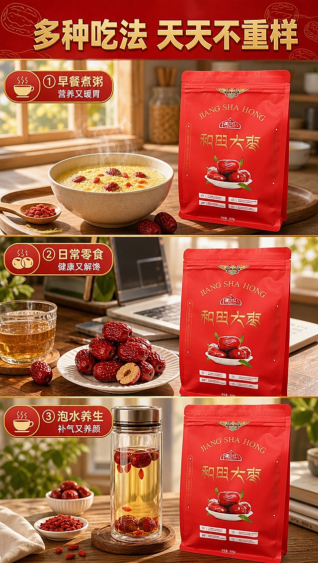 [商品] 使用【图1】【图2】疆沙红和田大枣红色包装袋；保留包装袋正红色、金色Logo和文字、红枣图案；商品处理：保留包装原貌，让包装更平整有质感。
[画面] 目标：食用场景种草页，展示红枣多种吃法，贴近日常生活；构图：竖拼多段型，上下分3个场景区块，每块占画面约30%，中间用金色分割线隔开；主体位置：上段：早餐场景——一碗红枣小米粥旁边放一袋和田大枣，温馨厨房晨光；中段：下午茶/零食场景——白瓷盘里盛着几颗红枣，搭配一杯热茶，办公桌面场景；下段：养生场景——保温杯里泡着红枣枸杞，旁边放产品袋；每个场景都有产品袋清晰露出；阅读动线：从上到下依次浏览3个场景；前中后景：每个场景都有前景食物、中景产品、后景生活化环境。
[视觉] 套系策略：风格=国风喜庆商业摄影+抖音竖版种草风；标题字=粗黑体+烫金效果，厚重有力；正文字=简洁无衬线体；主色=中国红；背景延展=基于中国红做深浅渐变、同色系层次、暗纹祥云/枣纹肌理；强调色=烫金色，仅用于标题、图标、分割线和重点标签；标题色=烫金色；正文色=米白色；组件=圆角红底金边标签、金色分割线、场景小图标；光影=每个场景都是暖自然光，温馨有生活气息。
[文字] 顶部总标题：多种吃法 天天不重样（烫金大字，8字）；每个场景配小标签：①【早餐煮粥】营养又暖胃 ②【日常零食】健康又解馋 ③【泡水养生】补气又养颜；文字在每个场景的角落，不遮挡产品主体；所有文字横向排版，字号保证手机端清晰可读。
[规格] 图片比例9:16竖版，4K分辨率，负向提示：避免变形、错字、文字过小、包装文字错乱、场景不真实、医疗功效宣传、极限词。