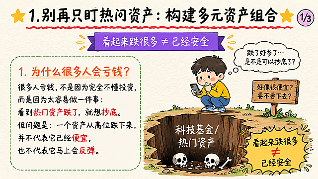 PPT横版页面，16:9比例，手绘卡通风格，米白色纸张质感背景。页面顶部大标题："1.别再只盯热门资产：构建多元资产组合"，黑色粗体手写字体，标题下方有一条红色手绘波浪线，左右两侧各有一颗黄色五角星。标题下方有一个紫色丝带形状的标签，上面写着白色文字"看起来跌很多 ≠ 已经安全"，丝带左右有黄色装饰线条。页面右上角有一个圆形标签写着"1/3"。页面左侧是一个绿色虚线边框的圆角矩形框，框内标题为橙色"1. 为什么很多人会亏钱？"，下方是黑色手写体文字："很多人亏钱，不是因为完全不懂投资，而是因为太容易做一件事：看到热门资产跌了，就想抄底。但问题是：一个资产从高位跌下来，并不代表它已经便宜，也不代表它马上会反弹。"其中"热门资产跌了""抄底""便宜""反弹"用红色字体标注。页面右侧是一个卡通插画：一个穿黄色上衣蓝色裤子的小男孩蹲在一个大坑边缘，手里拿着手机，坑里写着"科技基金/热门资产"，坑里有两个骷髅头，旁边有个木牌写着"好像很便宜？要不要下去？"，小男孩的思考气泡里写着"跌了好多了…是不是可以抄底了？"，右下角有个黄色爆炸形状标签写着"看起来跌很多 ≠ 已经安全"。整体风格可爱手绘，色彩丰富，适合PPT演示。