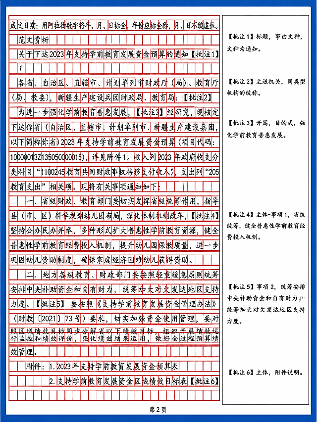 在图1红色方格稿纸的右侧隔出一块独立的批注区域（无方格，白底），将图2中所有批注内容（批注1至批注6的完整文字）按对应位置排列在右侧批注区域内，左侧保持原方格稿纸内容不变，整体排版清晰对齐，无水印