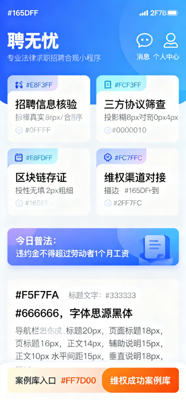 微信小程序首页设计，尺寸375px × 812px，20px圆角。导航栏使用#165DFF到#2F7BFF从上到下线性渐变背景，左侧白色粗体字"聘无忧"，右侧两个白色线性图标消息和个人中心。功能区2×预览效果