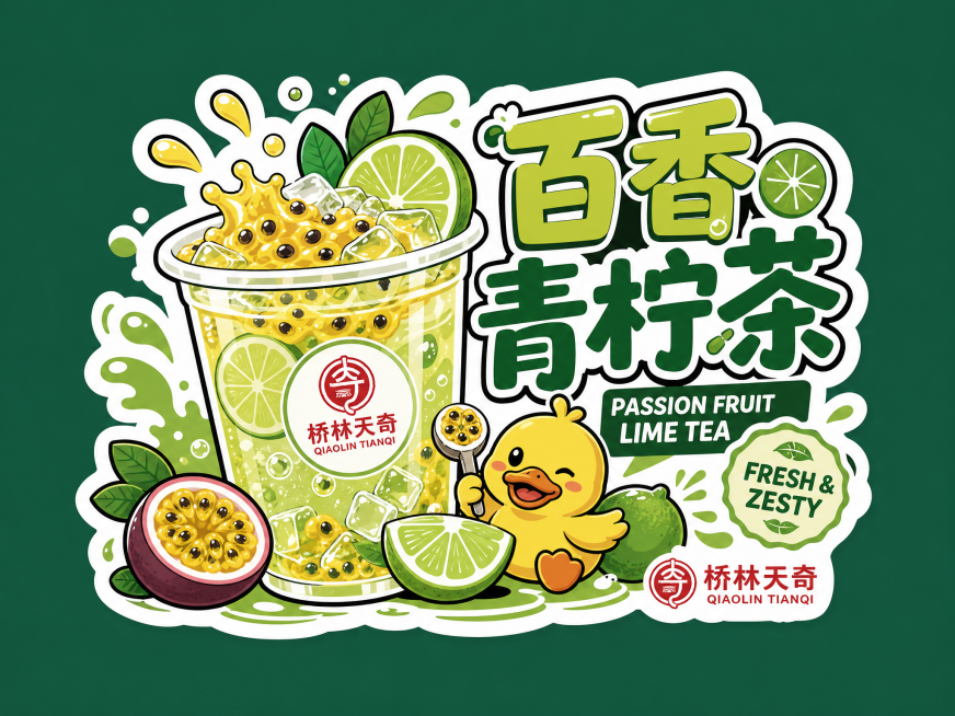 参考第一张图的风格，制作一张百香青柠茶的贴纸，将第二张图的桥林天奇LOGO融入设计中，保留卡通贴纸风格和绿白配色预览效果