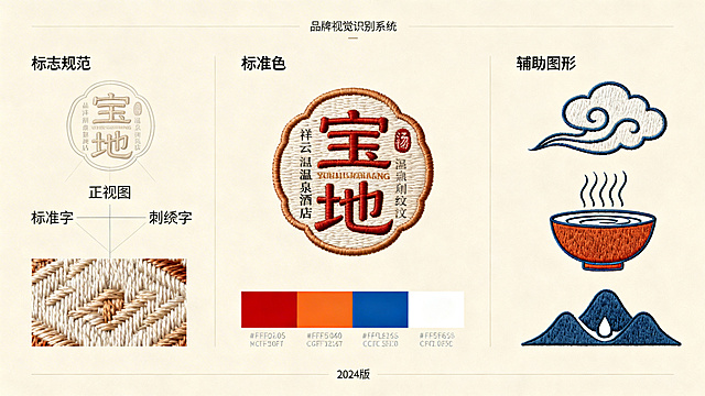 以刺绣风格的“宝地”温泉酒店logo为核心，制作品牌VI规范展板，包含logo规范、标准色（红、橙、蓝、白）、辅助图形（祥云、山脉、汤碗），结合温泉酒店属性，排版高级精致，色调统一，展板形式呈现