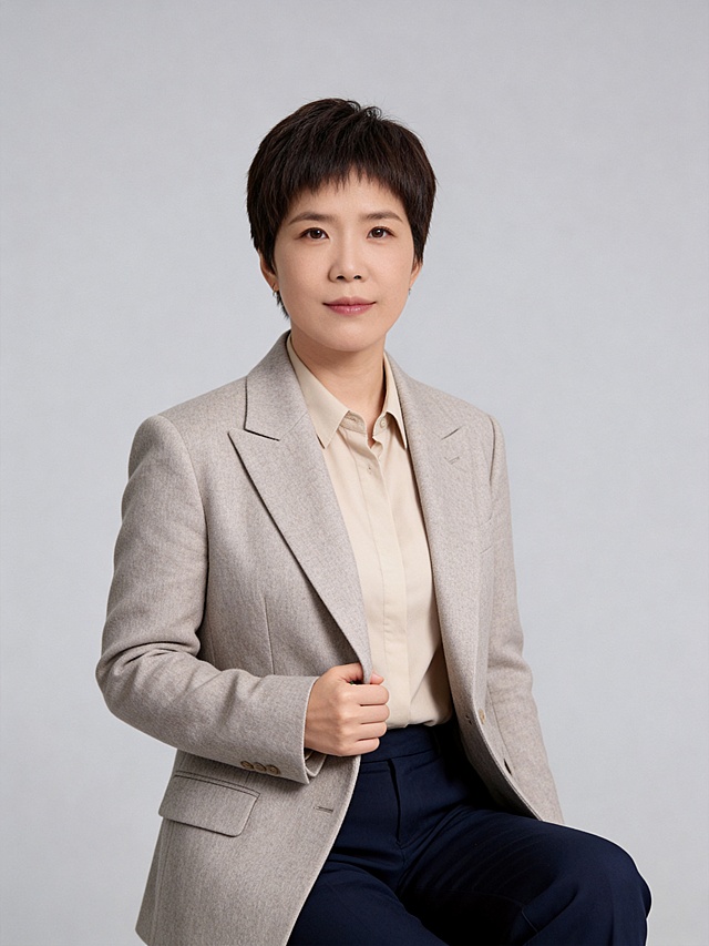 参考图中保留人物脸型、发型、年龄等特征生成教师知识博主职场形象照，标准焦段50mm，f/4光圈，平视视角，镜头与人物视线齐平；人物占画面70%，人物严格居中，绝对居中构图，位于画面正中心，为视觉聚焦点，入境范围头部及以下至臀部下方10cm半身像；左右留对称背景空间；头部与画面顶部保留5%空间；头部发型完整，头肩比例协调，人物结构准确；身穿米灰色精纺羊毛混纺休闲西装外套，平驳领设计，面料呈细腻微微哑光质感；内搭浅卡其色棉质衬衫；下装藏青色直筒休闲西装裤；着装正式干练；博学温润知性内敛，学者风范；身形匀称，姿态端正，身体挺拔。呈自然坐姿，右手轻握西装前襟，肢体放松且自信；发质微微柔顺，微微蓬松；去除耳环配饰；简约中度灰色纯色背景，呈现均匀柔和质感，背景光线均匀柔和，强化色彩对比的高级感，极简干净；画质超高分辨率、细节清晰，现代精致感风格；肤质精细化处理；眼神直视镜头，目光坚定且澄澈，表情自然，嘴角上扬；清透自然裸妆，轻薄底妆加淡唇妆，妆感轻薄轻透裸肌感，通透感肤质，肤质自然细腻，肤色健康均匀，雾面柔光裸肌感，保留真实皮肤细节｡正面柔光补光，4800K中性光，面部光比1:1.5，色调明亮｡中近景写实摄影，对焦清晰，高清保留皮肤细节；分辨率4K，去除人物之外的所有元素，严格按照图片内容生成，画面比例3:4