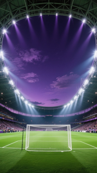 夜晚的大型足球场，明亮的聚光灯从高耸的钢结构屋顶倾泻而下，照亮整个绿茵茵的草坪和四周坐满观众的看台，天空呈现出深邃的暗紫色调，点缀着稀疏的云朵，营造出梦幻而热烈的比赛氛围，足球场上清晰可见白色的标线和位于中央的足球门，整体画面采用写实风格，光影对比强烈，色彩以暗紫色天空、绿色草坪和白色灯光为主，构图呈现出对称的视觉美感，突出足球场的宏伟与壮观。预览效果