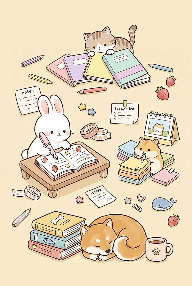 再生成一张全新不重复的浅米黄色竖版背景图，延续软萌治愈手绘风格，绘制不同的可爱小动物搭配文具、书本、手账本、便签纸条，整体色调温暖柔和，线条简单干净，适配手机壁纸使用
