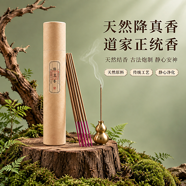 [主图-1] 首图点击率 天然降真香线香 产品主视觉展示
[统一基调] 新中式禅意美学风格，豆绿色（浅灰绿）纯色渐变背景，柔和自然光从右上方照射，枯木苔藓微景观造景，整体色调清雅静谧，主标题用深褐色宋体大字，副标题用浅褐色小字，信息卡片用米白色圆角浅棕描边样式，全套视觉统一。
[画面] 画面中央偏左位置，一个深棕色老树桩截面台面上，竖立放置着降真香线香的牛皮纸筒包装（保持原图外观：米黄色牛皮纸筒身，正面贴有竖版标签，标签上有黑色'降真香'三字及红色印章装饰）。纸筒右前方斜靠数支降真香线香（香身棕褐色，香脚紫红色），旁边放一个迷你黄铜色小葫芦香插，插着一支点燃的线香，有袅袅青烟缓缓上升。树桩底部周围是起伏的绿色苔藓地景，苔藓中点缀着几株细小的蕨类植物。背景中左侧有造型苍劲的枯木枝干从后方伸出，增加层次感。背景是纯净的豆绿色渐变，简洁清雅。
[光影质感] 商业摄影质感，右上方柔和自然光为主光源，左侧辅以弱补光，产品表面有自然的明暗过渡，牛皮纸筒呈现哑光纸质纹理，线香有细腻的木质肌理，树桩有粗糙的木纹年轮质感，苔藓有蓬松柔软的绿色肌理，枯木干裂的纹理清晰。整体光影柔和自然，营造清雅静谧的禅意氛围。
[配色] 背景主色：豆绿色浅灰绿渐变；主标题色：深褐色；副标题色：浅褐色；点缀色：苔藓绿、枯木棕、黄铜金、米白。
[文字版式] 右侧上半部分放置主标题，主标题为两行大字'天然降真香 道家正统香'，深褐色宋体加粗，字号最大。主标题下方是副标题'天然结香 古法炮制 静心安神'，浅褐色小号宋体。再下方排列三个圆角矩形卖点标签，米白底浅棕描边，分别写'天然原料''传统工艺''静心净化'。文字不遮挡产品主体。
[输出要求] 1:1正方形构图，2K分辨率，产品清晰锐利，文字清晰可读，整体风格统一清雅禅意。禁止变形、错字、模糊、杂乱背景、水印、平台Logo。禁止修改产品外观形状。