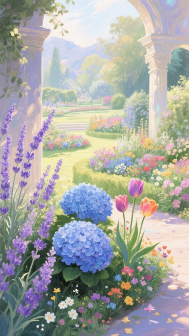 开满各种花（紫色薰衣草、蓝色绣球、郁金香、各种颜色的小花，还有部分绿植）的古典风花园，有近景有远景，洒满阳光预览效果
