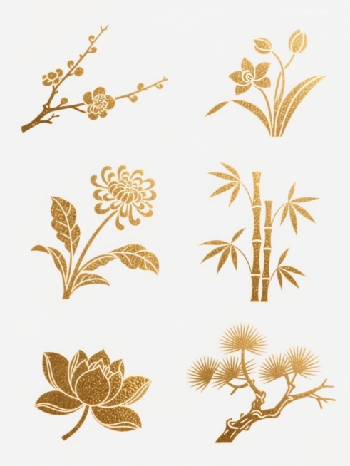 一组六个完全不同的中国古风元素素材集合，每个元素均采用金色箔纸质感的线条勾勒，搭配细腻的纹理填充，呈现出典雅的光泽感，整体风格保持一致，元素内容分别为：梅花枝、兰花叶、菊花、竹叶、莲花、松枝，所有元素规整排布在纯白色纯色背景上。预览效果