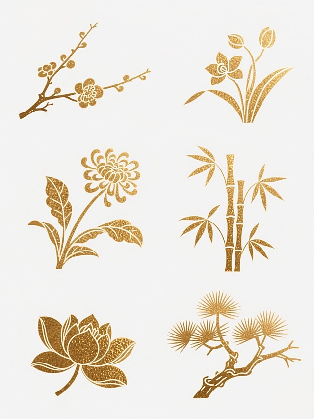 一组六个完全不同的中国古风元素素材集合，每个元素均采用金色箔纸质感的线条勾勒，搭配细腻的纹理填充，呈现出典雅的光泽感，整体风格保持一致，元素内容分别为：梅花枝、兰花叶、菊花、竹叶、莲花、松枝，所有元素规整排布在纯白色纯色背景上。