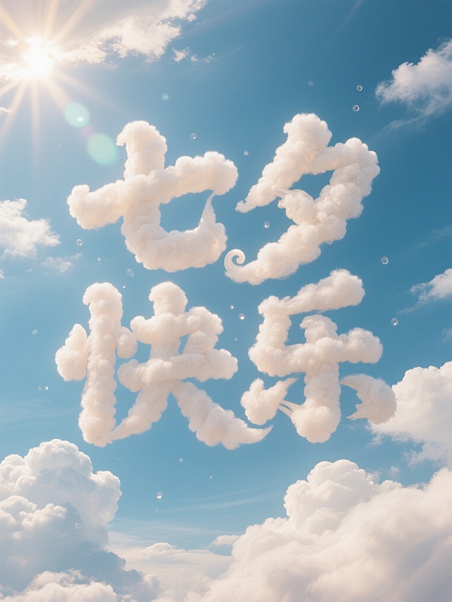 梦幻3D云朵大字，清新超现实主义风格，阳光洒落，泡泡点缀，营造童话般节日氛围。