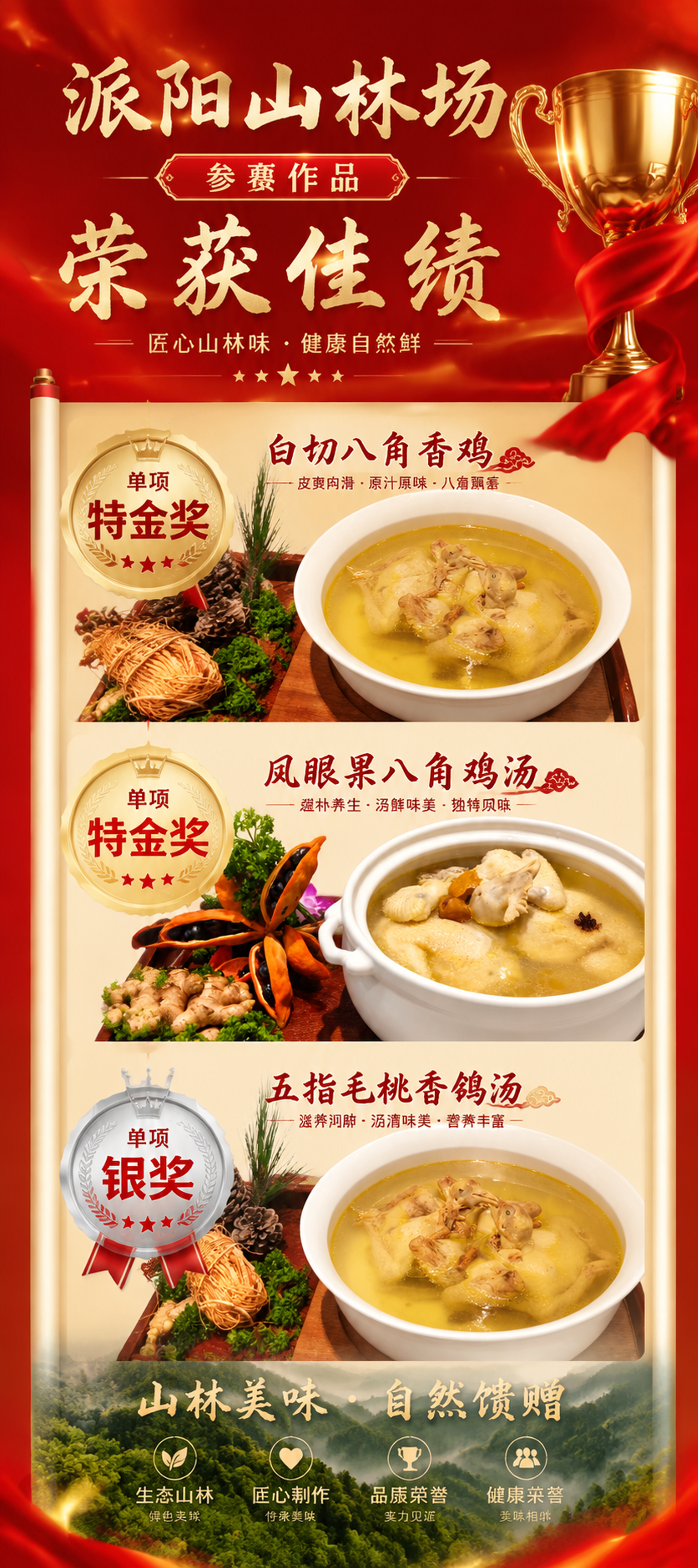 设计一个尺寸80X180厘米的美食参赛获奖展架，内容：派阳山林… - 图片创意预览