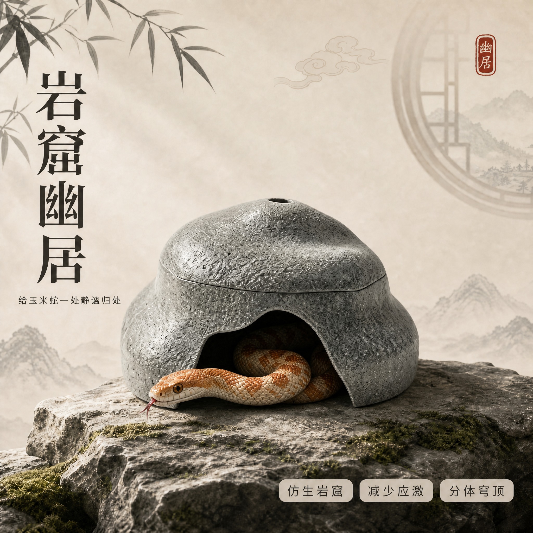 将洞穴内的玉米蛇改为从大弧开口处探出头的姿态：蛇的头部和前半段… - 图片创意预览