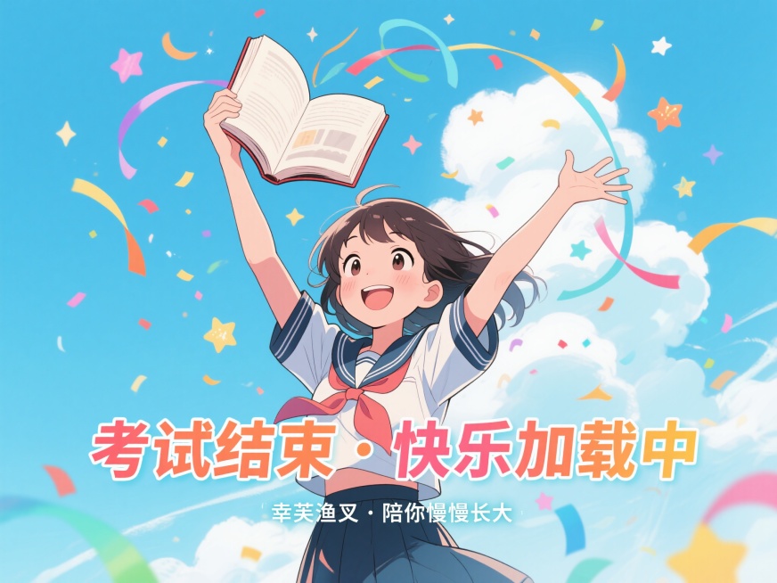 动漫风格插画，画面中央是一个穿着校服的动漫女孩，她面带灿烂笑容，双手向上高高抛起一本打开的书本，书本在空中划出弧线，周围有五彩斑斓的彩带和闪烁的星星飞舞，背景是明亮的淡蓝色天空，点缀着白色云朵，画面下预览效果