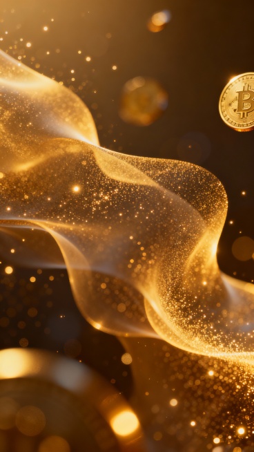 Premium crypto promotional background, warm golden light accents, floating abstract shapes, futurist预览效果