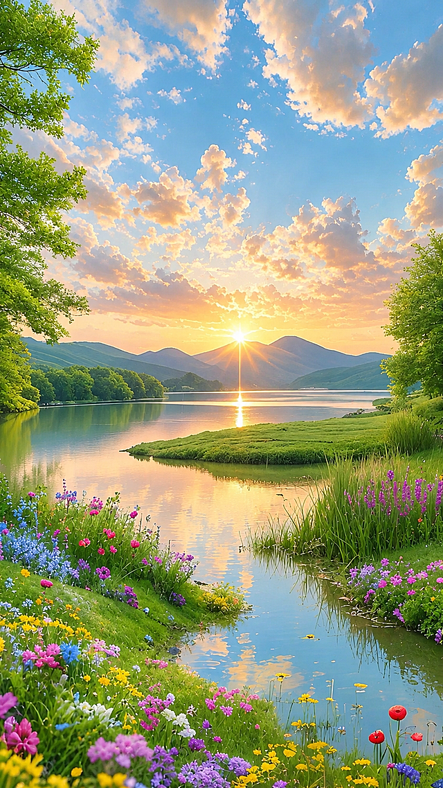 参考图片风格，重新生成湖边日落花海自然风景，保留现有构图和元素，色彩清新柔和，画质细腻