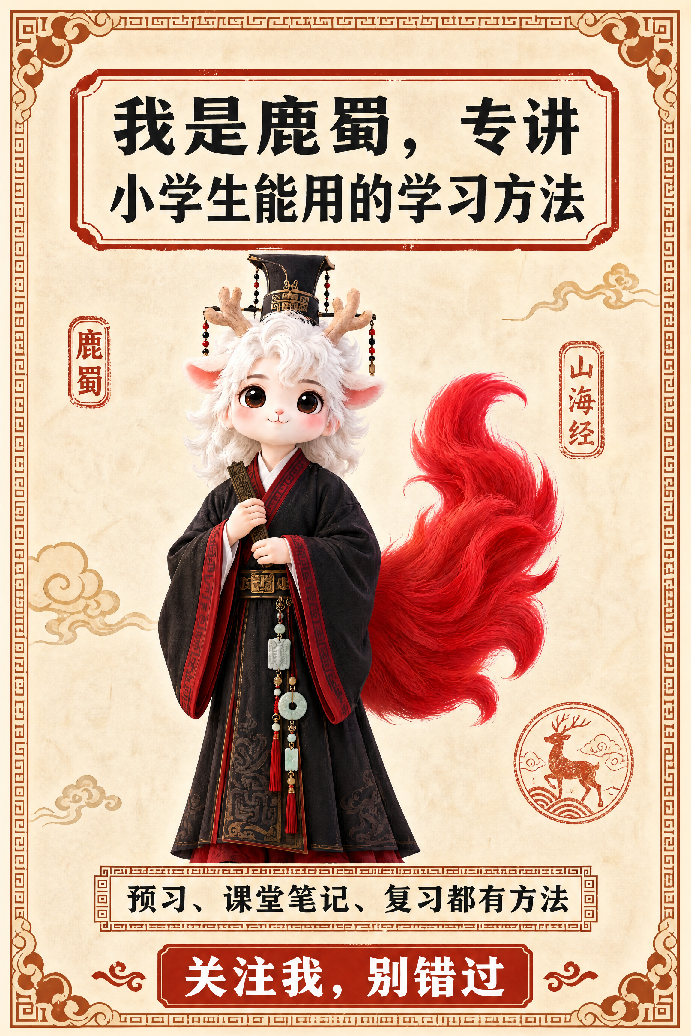 小红书笔记结尾页，统一模板，国风山海经风格，米黄色宣纸纹理背景… - 图片创意预览