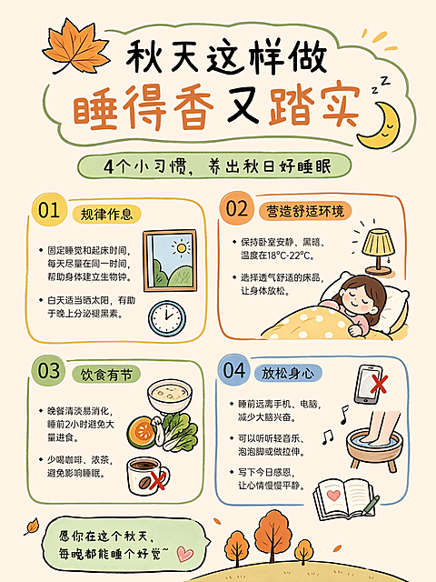 #社交媒体传播或生活健康类内容科普分享，画面以手绘插画形式呈现秋季睡眠养生指南，包含规律作息、舒适环境、饮食有节和放松身心四个板块。