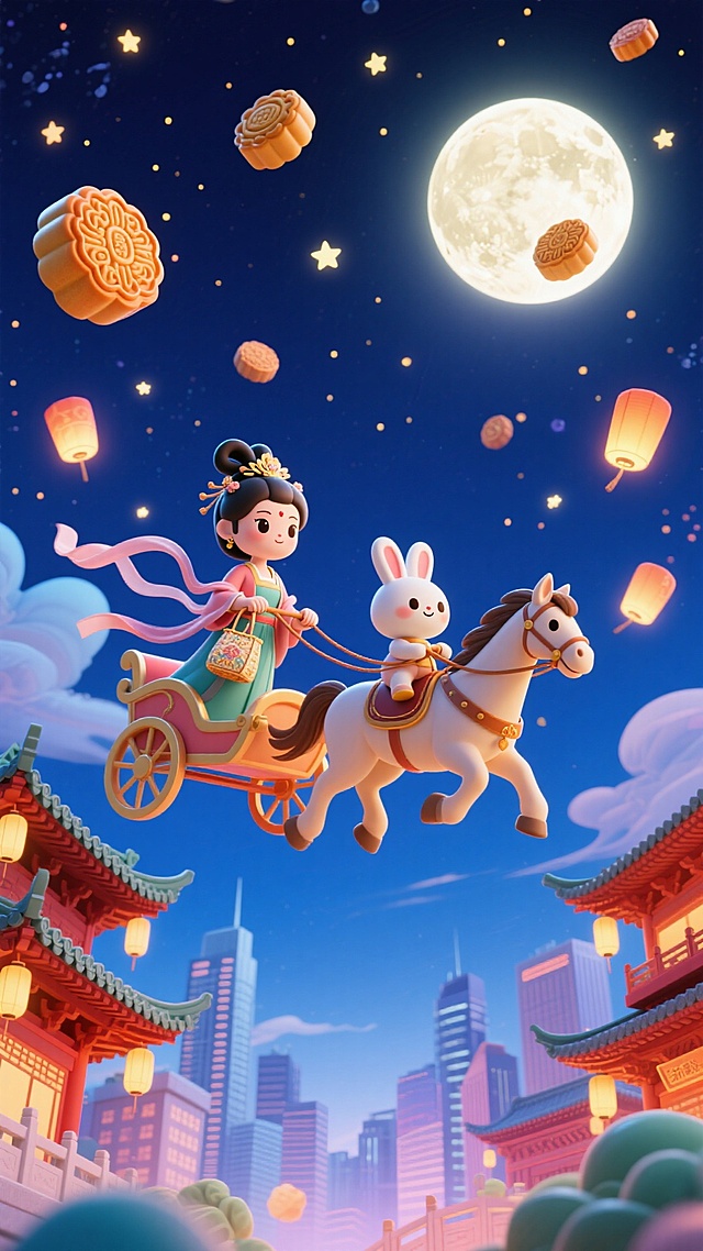 天空上Q版嫦娥驾着马车，拿着袋子，Q版小玉兔坐在马上，空中悬浮许多月饼，下方是传统中式建筑群与现代城市建筑交织的景观，背景夜空，点缀月亮和小灯笼