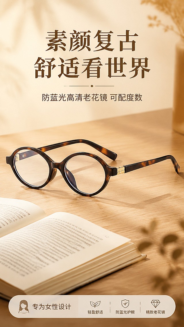 [第1屏] 详情页头图-新款素颜复古椭圆老花镜宣传海报。本屏使用【图1】作为商品主体。
[氛围/风格] 简约高级复古风，商业摄影质感，温馨舒适的视觉感受。
[元素布局] 老花镜放置在画面中心偏上位置，占比约65%；保留产品玳瑁色镜框、金色装饰细节，镜框轮廓、材质质感、颜色与输入产品图保持一致；背景搭配浅棕色渐变木纹桌面，桌面点缀一本翻开的书籍，营造知性阅读氛围。
[光影质感] 柔和左侧主光搭配右侧辅光，自然投影，镜片和镜框保留清晰高光，整体通透干净。
[配色色系] 全局底色 #F5F0E6，主色玳瑁棕，辅助色浅木色和金色装饰。
[视角构图] 正面45度斜视角，产品为视觉中心，阅读动线从上到下。
[文字版式] 版式为顶标题 + 中心产品 + 底部信息条。主标题 "素颜复古 舒适看世界"，副标题 "防蓝光高清老花镜 可配度数"，均居中排版；底部信息条标注 "专为女性设计"，文字清晰不遮挡产品。
[比例分辨率] 9:16 竖版比例，宽度1080像素，高度1920像素，4K分辨率，文字清晰可辨，高清画质。
[负向提示词] 镜框变形，缺件错件，颜色偏差，水印，文字错乱，产品图模糊，背景杂乱