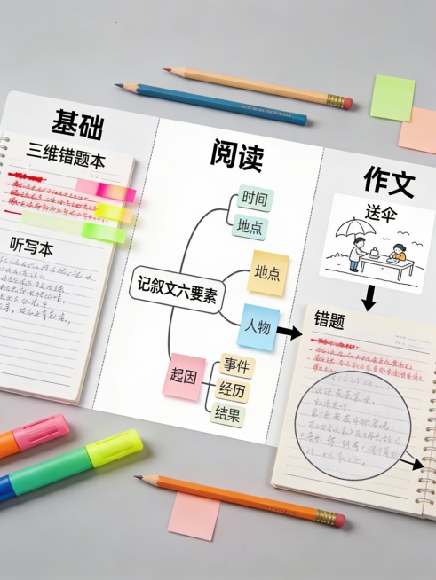 三栏布局：左侧“基础”（三维错题本+听写本）、中间“阅读”（记叙文六要素思维导图）、右侧“作文”（从“送伞”到“错题本批注”的立意对比）。配铅笔、荧光笔、便签纸元素，突出方法感。预览效果