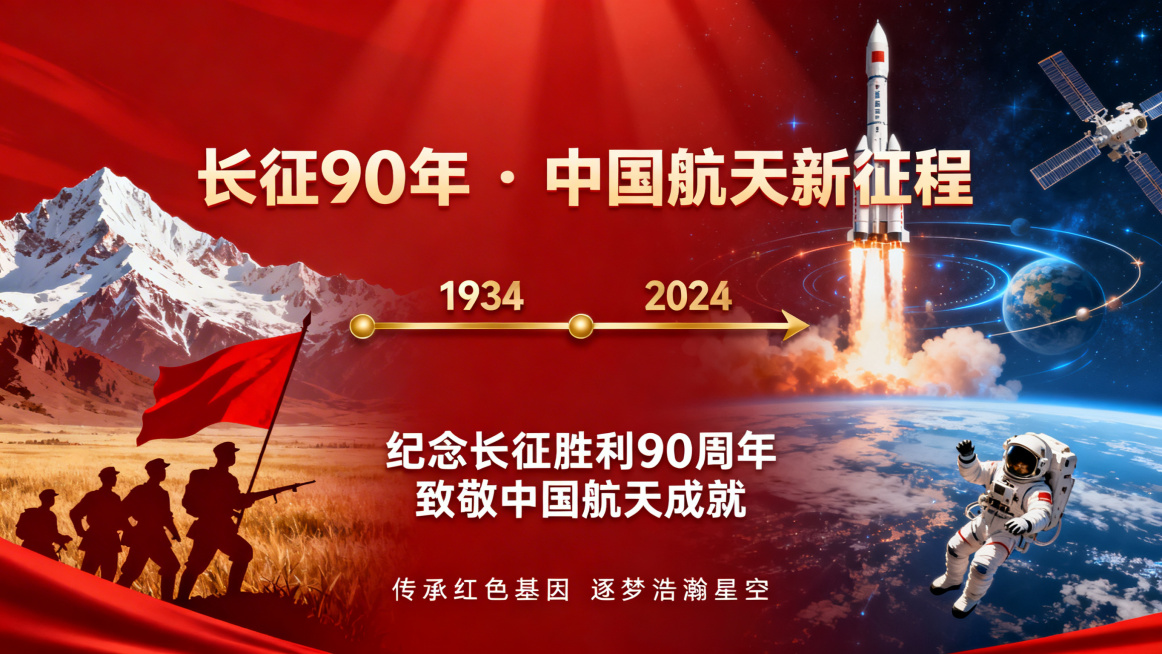 长征90年与中国航天主题海报，画面融合长征红色元素与航天科技元素，风格大气磅礴预览效果