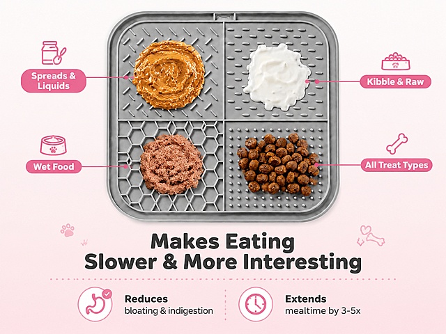 Amazon Premium A+ Mobile page showing how lick mat works with multi-texture design, 4:3 ratio. Top half: gray lick mat divided into 4 quadrants, each quadrant filled with different food — top-left diagonal ridges with peanut butter, top-right droplet pattern with yogurt, bottom-left honeycomb with wet food, bottom-right small dots with kibble. Pink leader lines point to each quadrant with labels: "Spreads & Liquids", "Wet Food", "Kibble & Raw", "All Treat Types". Bottom section: headline "Makes Eating Slower & More Interesting" in bold dark font. Two short benefit points below: "Reduces bloating & indigestion" and "Extends mealtime by 3-5x". Soft light pink gradient background, playful but clean style, soft overhead lighting, appetizing food presentation. All text in English. Mat structure and texture patterns must match reference exactly.