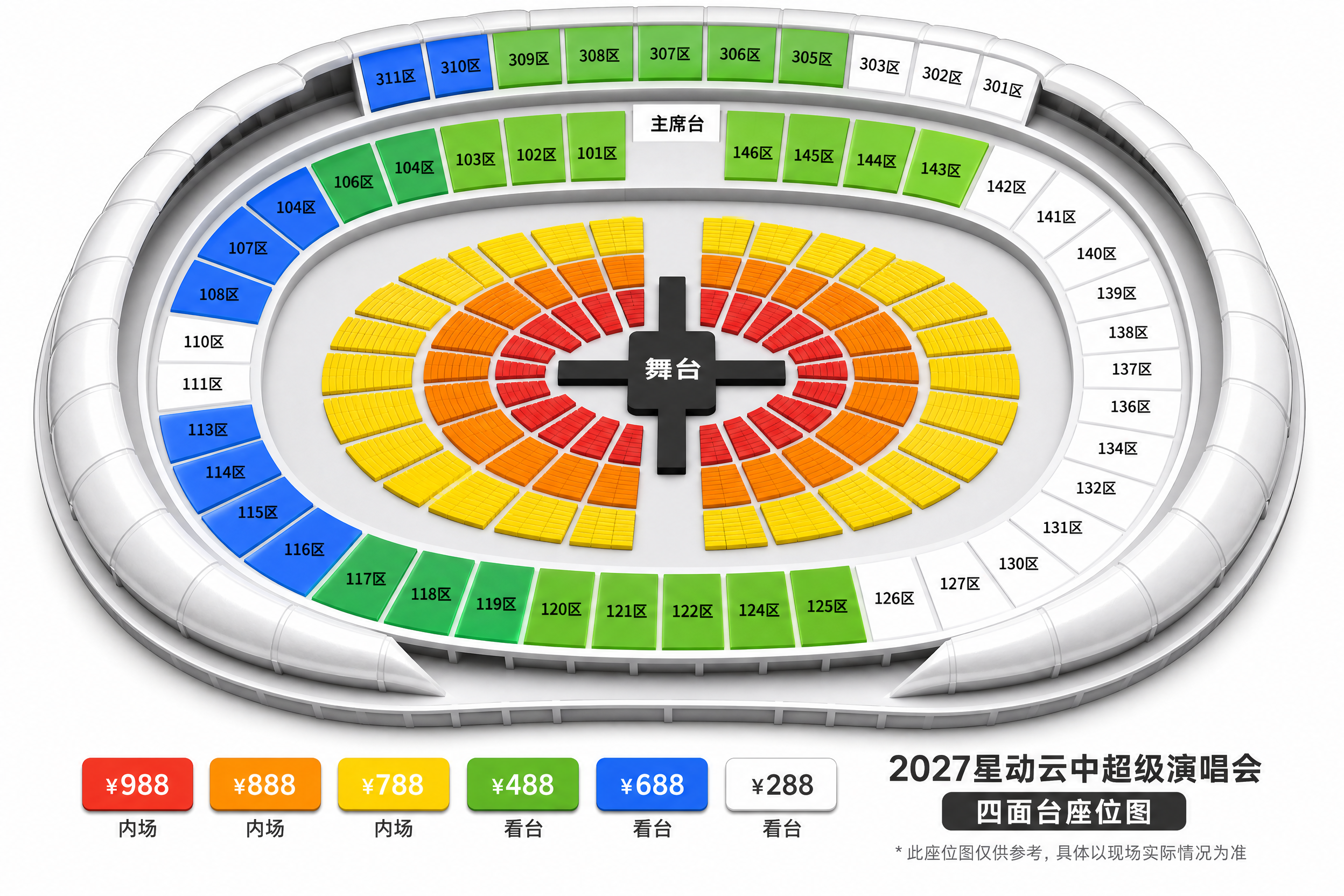 2027星动云中超级演唱会四面台座位图，体育场椭圆形场馆，看台… - 图片创意预览