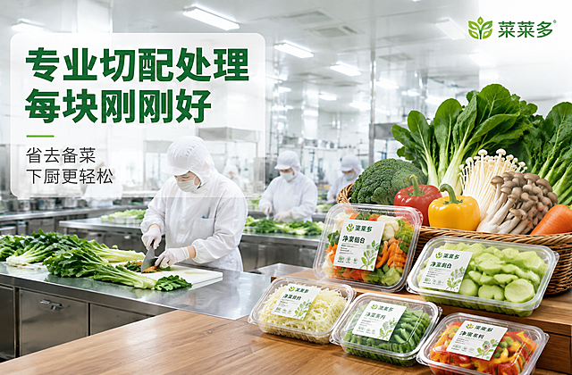 电商横版轮播图，净菜产品宣传海报。画面背景为现代化净菜工厂内部场景，左侧和中后景展示身穿白色防护服、佩戴口罩和手套的工作人员，正在不锈钢操作台前专业切配新鲜蔬菜，动作规范熟练；右侧前景摆放着清洗干净的各色新鲜蔬菜（青菜、彩椒、胡萝卜、菌菇等）和已切配好的净菜包装盒，整齐排列，色泽鲜亮诱人。画面整体清新大气，干净整洁，传递专业卫生的品牌形象。

文字版式：画面左侧偏上位置放置主标题，主标题文字为"专业切配处理 每块刚刚好"，字体粗大醒目，深绿色粗体无衬线字，字号最大；主标题下方是副标题"省去备菜 下厨更轻松"，字号偏小约为主标题的一半，深灰色细黑体，两行左对齐排列。文字下方有一块浅色半透明底衬（白色半透明圆角矩形），保证文字在复杂背景上手机端清晰可读。画面右上角放置品牌名"菜莱多"，绿色小字体，带简约品牌标识。

配色：主色调清新绿+白色+原木色，辅助色为蔬菜的自然彩色，整体干净清爽，食欲感强。

光影：自然柔和的顶光与侧光结合，工厂灯光明亮均匀，蔬菜表面有自然光泽，通透不灰暗。

视角构图：平视略微俯视角度，横版构图，前中后景层次分明，主体突出，画面满版无边框。

输出要求：横版轮播图比例，文字清晰锐利可辨，超高清商业摄影质感，画面干净高级。

负向提示词：变形，文字错乱，模糊，背景杂乱，水印，电商平台Logo，多余的手，畸形手，人物面部扭曲