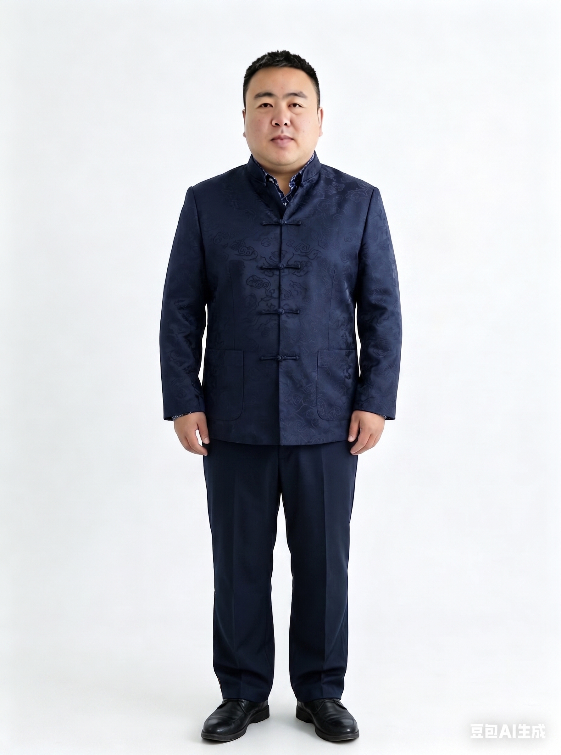 请将参考图1中的男士服装替换为一套精致的中式服装，完全保持参考… - 图片创意预览