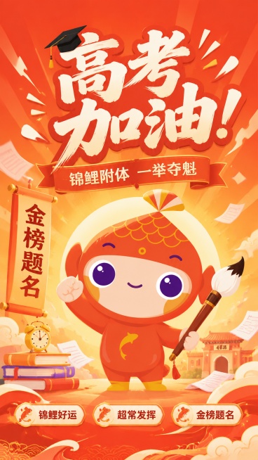 手机海报尺寸9:16，扁平插画风格高考加油海报，使用提供的红色锦鲤吉祥物作为主视觉。主标题"高考加油"，副标题"锦鲤附体 一举夺魁"，装饰文案"金榜题名"，卖点标签：锦鲤好运、超常发挥、金榜题名，整体预览效果