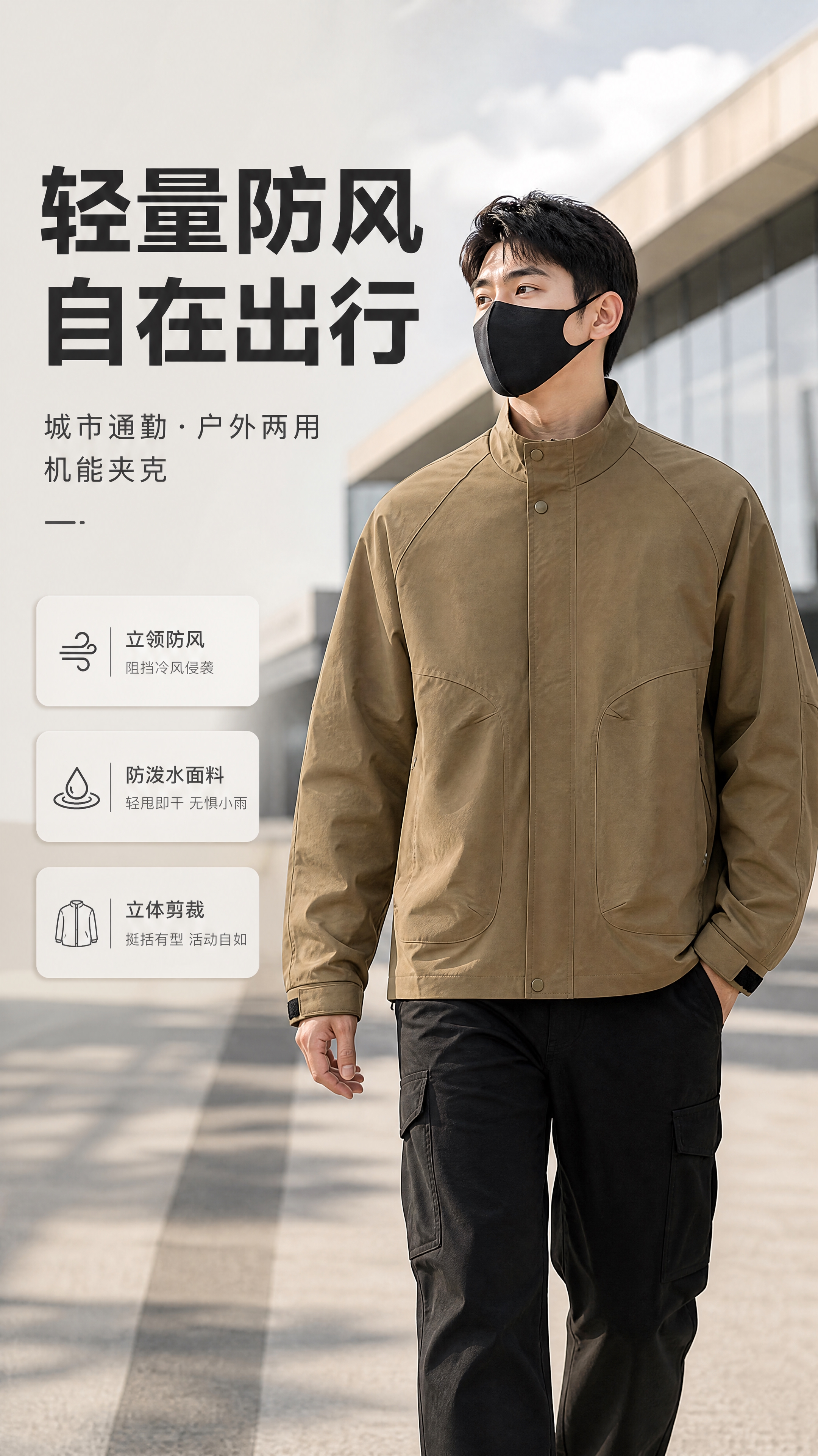 [商品] 使用【图1】卡其色立领男士机能夹克；商品处理：保留立… - 图片创意预览