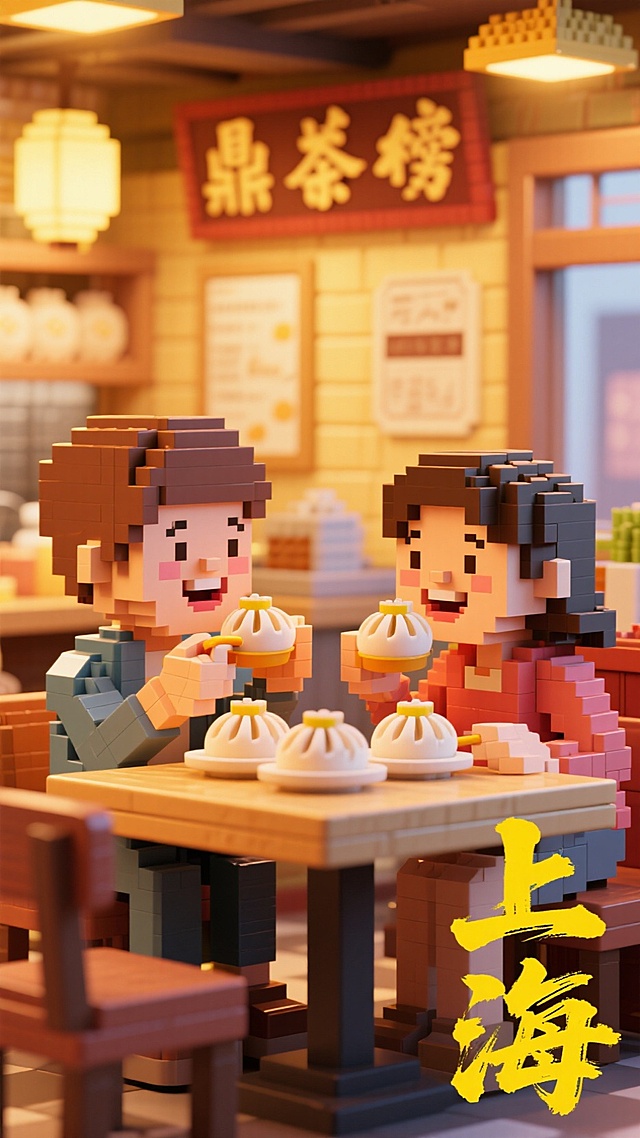 背景是鼎泰丰包子铺，一对情侣在饭桌上吃着小笼包，右下角写着“上海”