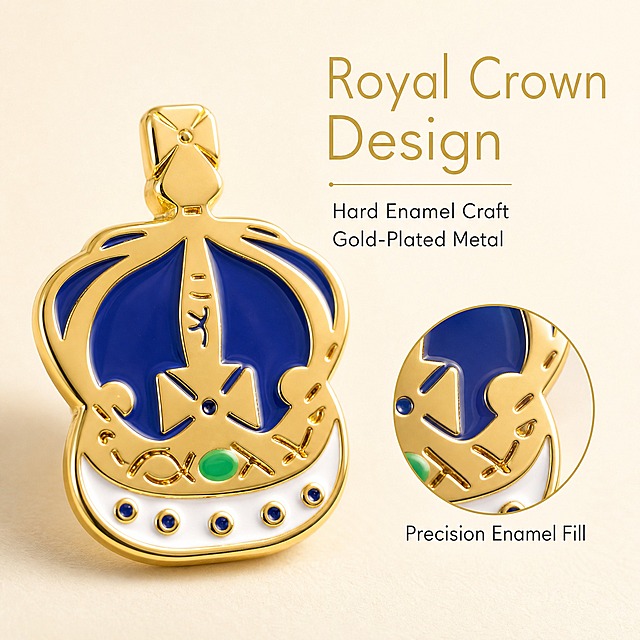 [主图-2] British Crown Enamel Lapel Pin 材质工艺卖点图，展示珐琅填色工艺与镀金金属质感，突出英国皇室皇冠设计细节。
[统一基调] 亚马逊跨境欧美珠宝风，浅奶油米色背景，低饱和暖金配色，克制专业信息图风格，英文短标题，纤细无衬线字体，金色标题字色，深灰色辅助字色，圆角细线信息卡样式。
[画面] 胸针正面主体位于画面左侧，占画面约60%，微距特写角度，聚焦皇冠顶部十字装饰与深蓝色珐琅区域，清晰展示珐琅填色的均匀质感与金色金属线条的精细工艺；右侧上方有大号英文标题 "Royal Crown Design"，下方配两行小号辅助文案 "Hard Enamel Craft" 与 "Gold-Plated Metal"；右下角有一个圆形局部放大框，放大展示珐琅与金属边缘的衔接细节，放大框下方标注 "Precision Enamel Fill"；背景为纯净浅奶油米色，底部有柔和渐变阴影，产品自然放置无悬浮。
[光影质感] 商业珠宝微距摄影质感，柔光箱主光+侧方补光，金属线条有细腻高光，珐琅表面有柔和均匀的反光，放大区域细节锐利清晰，整体光影干净高级。
[配色] 浅奶油米色背景，金色金属，深蓝色珐琅，白色辅助底，金色标题字，深灰色辅助字，整体色调温暖高级。
[文字版式] 标题使用纤细优雅无衬线字体，字号大且加粗，辅助文字字号缩小60%，左对齐排列；信息文字放在右侧负空间，不遮挡产品主体；放大框为细金色圆角圆形，标注文字在框外下方。
[输出要求] 比例1:1，2048x2048像素，产品清晰，文字清晰可读，无变形、错字、模糊、杂乱、水印、平台Logo。