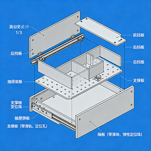 抽屉的分解结构示意图，包含前挡板、后挡板、抽屉底板、抽屉侧板，前挡板高度为后挡板的1/3，还有带滑轨和定位孔的支撑板，带滑块和弹性定位珠的隔板，工业设计风格，线条清晰，标注各部件