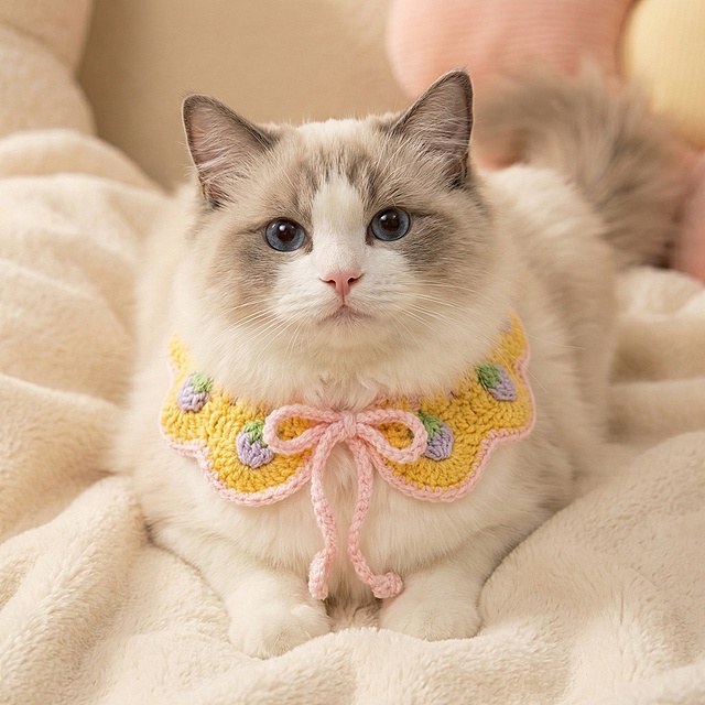 一只可爱的布偶猫，佩戴着图中黄色底带紫绿小花、粉色系带的针织围脖，软萌治愈风格