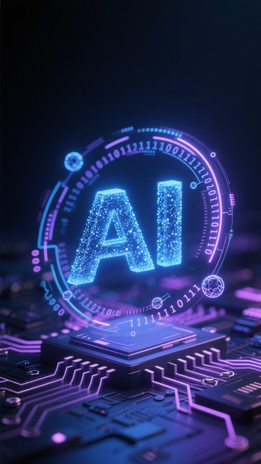 深色科技感背景，中央悬浮着由发光蓝色粒子构成的立体“AI”字样，周围环绕着动态旋转的二进制数字流与电路板线路，光线呈现出柔和的蓝紫色渐变，带有未来感的霓虹光晕效果，整体营造出神秘而前沿的人工智能科技氛围，加入抽象的神经网络节点与数据流线条元素，保持科技感与数字主题的统一性。预览效果