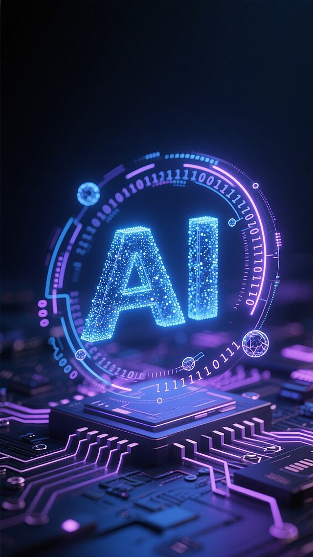 深色科技感背景，中央悬浮着由发光蓝色粒子构成的立体“AI”字样，周围环绕着动态旋转的二进制数字流与电路板线路，光线呈现出柔和的蓝紫色渐变，带有未来感的霓虹光晕效果，整体营造出神秘而前沿的人工智能科技氛围，加入抽象的神经网络节点与数据流线条元素，保持科技感与数字主题的统一性。