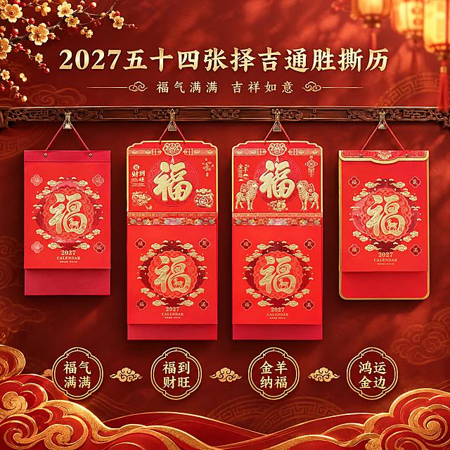 仅替换背景，四款撕历挂历必须100%保留原图的所有细节，包括每一款的顶部设计、中间祥云福字福气满满图案、底部红色底板、挂绳样式，绝对不得修改图案，绝对不得缺失底板。四款从左到右严格对应输入图的顺序：第1款=输入图1（简约红顶边 祥云福字福气满满 单层 带底部红底板 红绳挂绳），第2款=输入图2（福到财旺大福字顶 双层撕历 下层祥云福字 带底部红底板 双色绳挂绳），第3款=输入图3（金羊纳福双羊福字顶 双层撕历 下层祥云福字 带底部红底板 双色绳挂绳），第4款=输入图4（织锦金边款 祥云福字福气满满 单层 带底部红底板圆角金边 红绳挂绳）。四款的图案、结构、底板必须与输入图完全一致，不得有任何改动。背景替换为新中式传统国潮喜庆风格：深红色渐变墙面，带有隐约的金色祥云暗纹和回纹纹理，墙面有柔和的光影层次，墙面上方有一根精致的木质雕花挂杆。四款撕历并排悬挂在挂杆上，等距排列，正面朝向镜头，挂绳自然垂挂，下方有柔和的投影。画面左上角有金色梅花枝，右上角有暖黄色宫灯虚化，底部有金色祥云装饰带。整体暖调侧光。画面顶部有金色宋体大标题'2027五十四张择吉通胜撕历'，下方小字'福气满满 吉祥如意'。底部四个金色圆形标签从左到右：'福气满满''福到财旺''金羊纳福''鸿运金边'。