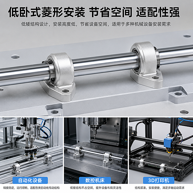 「图片1」，，生成一套主图（5张），商品名称是SHF 系列卧式光轴支撑座，厂家是天耀传动，卖点是轻量化 + 高刚性，开口抱紧设计，固定可靠，低卧式菱形安装，节省空间，适配性强,风格是工业设备风，适配平台，主图比例为适配淘宝/天猫平台，主图比例为1:1