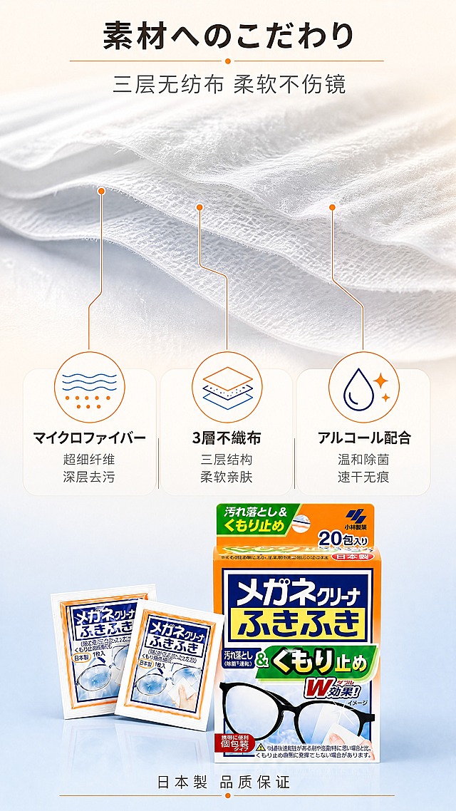 [商品] 使用用户上传的小林制药眼镜清洁湿巾产品图；保留湿巾材质、独立包装、包装盒外观，产品比例、颜色、结构、材质完全一致，不拉伸不重绘。

[画面] 第4张 材质工艺细节 9:16竖版。目标：展示三层无纺布材质与工艺细节，建立品质信赖。构图：上中下结构。上部约30%：展开的湿巾微距特写，占据画面上半部分，柔和侧逆光打在湿巾上，清晰呈现三层无纺布的细腻纤维纹理，柔软蓬松有质感。中部约35%：三个材质特点横向排列，每个配细线图标和中日文说明，用细引线连接到湿巾微距的对应部位。下部约35%：产品包装盒正面展示，旁边放2片独立包装小袋，体现产品全貌。阅读动线：从上到下，从微观材质到宏观产品。

[视觉] 套系策略：风格=日系高级洁净生活美学 克制专业；标题字=日系黑体 粗细适中 带日式排版感；正文字=简洁无衬线体 纤细清晰；主色=暖橙+清透蓝（取自产品包装）；背景延展=浅米白到浅蓝渐变 干净柔和；强调色=暖橙（材质高亮标注），仅用于引线和重点图标；标题色=深炭灰；正文色=中暖灰；组件=细线引线、圆形材质图标、圆角说明卡、分割细线；光影=侧逆光 突出纤维纹理层次 柔和漫射 质感真实。

[文字] 顶部主标题：「素材へのこだわり」，中文副标题：「三层无纺布 柔软不伤镜」。三个材质特点横排：「マイクロファイバー 超细纤维 深层去污」「3層不織布 三层结构 柔软亲肤」「アルコール配合 温和除菌 速干无痕」。底部产品旁小字：「日本製 品质保证」。文字均横排，引线清晰，移动端可读。

[规格] 9:16竖版，4K，负向：产品变形、错字、文字过小、水印、平台Logo、绝对化用语、材质失真、纤维模糊、悬浮、边缘硬切。