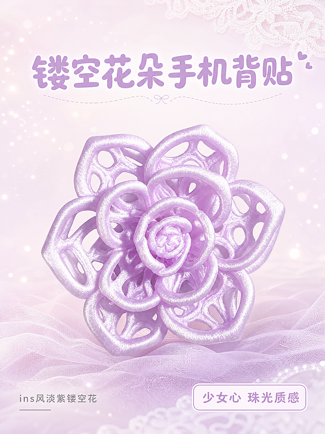[第1屏] 详情页头图-淡紫色镂空花朵手机背贴新品宣传海报。本屏使用图1作为商品主体，保持淡紫色、镂空花朵造型、精致花瓣纹理、珠光效果的物理结构、材质质感、颜色与输入产品图一致。
[氛围/风格] 少女心ins风，柔焦梦幻质感，商业摄影，温柔精致氛围感，整体画面清新软萌。
[元素布局] 淡紫色镂空花朵手机背贴放在画面中心区域，占据画面约65%主体。背景采用浅紫渐变柔粉色，背景点缀少量细碎珠光光斑和浅白色蕾丝花边装饰，底部搭配浅紫色纱质衬布作为前景，整体干净通透突出产品。保留产品镂空结构和珠光光泽特点不变。
[光影质感] 左前方柔和主光照亮产品珠光纹理，右下方形成自然柔和投影，珠光表面呈现细腻高光，整体通透干净，产品纹理清晰真实。
[配色色系] 全局底色：#F8F0FA（浅紫柔粉）；主体配色：#E1BEEE（淡紫花朵）；辅助色：#FFFFFF（亮白高光）+#F5E8F8（浅粉背景）。
[视角构图] 正面平视视角，主体花朵位于画面视觉中心，上下预留充足文字区域，阅读动线从上到下清晰流畅。
[文字版式] 上半部分居中主标题「镂空花朵手机背贴」，下半左侧副标题「ins风淡紫镂空花」，右下角卖点标签「少女心 珠光质感」。主标题字体圆润可爱，淡紫色加粗，字号为画面宽度10%；副标题浅灰小字，左对齐；卖点标签白色底浅紫圆角框，文字清晰不遮挡产品主体。
[比例分辨率] 3:4竖版比例，4K分辨率，文字清晰可辨，超高清。
[负向提示词] 花朵变形，结构错误，颜色偏差，珠光效果丢失，文字错乱，水印，背景杂乱，产品模糊。