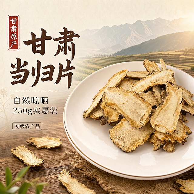 [主图-1] 甘肃当归片首图，突出自然晾晒与产地品质，吸引点击。
[统一基调] 国风药食同源风格，暖木色与米白为主色调，深褐色标题字，赭石色强调色，主标题用粗笔书法体，辅助文案用细黑体，整体质朴自然、产地感强、干净通透。
[画面] 画面右侧主体为一盘摆放整齐的当归片，白瓷盘盛装，片片清晰可见，切面纹理自然，颜色呈浅黄褐与米白相间，与输入产品图外观一致；左侧留出负空间放置文案。背景为甘肃高原药田远山剪影与暖木桌面，柔和自然阳光从侧上方洒落，营造自然晾晒的产地氛围，桌面散落少量当归片增加真实感。产品占画面约60%，视角为45度俯视。
[光影质感] 自然暖阳侧逆光，突出当归片的纹理层次与干爽质感，盘底有柔和接触阴影，整体通透不发灰，商业摄影级高清质感。
[配色] 背景暖木棕+米白+远山青灰，主标题深褐色，辅助文案深灰色，强调字赭石红色，整体色调温暖质朴。
[文字版式] 左上角竖排红色印章式小标写"甘肃原产"；左侧中部主标题大字"甘肃当归片"粗笔书法体；主标题下方辅助文案两行："自然晾晒"、"250g实惠装"；左下角加"初级农产品"小字标注。文字均放在左侧负空间，不遮挡产品主体。
[输出要求] 1:1正方形，2048x2048，文字清晰可读，产品清晰完整无变形，无错字，无水印，无平台Logo，无多余杂物。