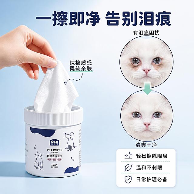 [主图-2] 核心卖点功能图，任务是展示湿巾祛除泪痕眼屎的实际效果与使用方式，让用户直观理解产品作用。
[统一基调] 简约大气蓝白清洁风，主背景为浅蓝渐变到米白的柔和底色，辅助色为藏蓝色，强调色为清新薄荷绿，卡片为白色圆角矩形，图标为线性简约风格，标题用圆润粗黑体，整体干净清爽有品质感。
[画面] 画面左侧展示一只手从罐中抽出一片白色湿巾的动作，湿巾质地看起来柔软纯棉，微微展开。画面右侧分为上下两个圆形画中画：上方圆形内是猫咪眼部有泪痕的Before状态（用柔和方式表现，不脏污恶心），下方圆形内是同一只猫咪眼部干净清爽的After状态，两个圆之间有一个向下的薄荷绿色箭头。背景中产品罐子放在左下角，约占画面25%，保持原样。
[光影质感] 商业摄影质感，自然光效，湿巾有纯棉织物的纹理质感，手部皮肤自然，画中画内猫咪毛发清晰，整体光线柔和明亮。
[配色] 主背景浅蓝渐变米白，标题藏蓝色，箭头薄荷绿，圆形画中画边框为藏蓝色细线，整体统一蓝白绿配色。
[文字版式] 画面顶部居中放置大标题"一擦即净 告别泪痕"，藏蓝色粗黑体。Before圆形上方标注"有泪痕困扰"，After圆形下方标注"清爽干净"，都是深灰色小字。湿巾旁边标注"纯棉质感 柔软亲肤"。右下角放一个白色圆角卡片，内有三行短文案："轻松擦除眼屎""温和不刺眼""日常护理必备"。文字排版清晰，层次分明。
[输出要求] 1:1正方形，2K分辨率，产品外观保持一致，文字清晰无错字，画面干净，无水印，无平台logo，无变形，宠物形象可爱健康。