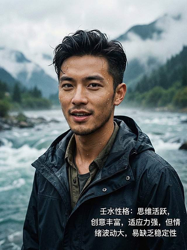 生成10张高质量的十天干日主的人物形象写真，要求：为中国人，现代服装发型和妆容，人物年轻，帅气，漂亮，高颜值，长相特点要符合对应天干的特点，背景和画面元素要跟十天干的物象相符合，要求画风统一，细节精美，阳性为男，阴性为女，固定排版，人物统一为半身人像，统一在右下角用文字标注该天干日主的性格特点，需要严格按照八字命理的关系，文字准确不出错，要真人的皮肤质感和效果，模拟真实的摄影画面，8K写实摄影