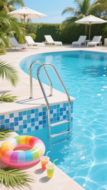 夏日阳光照射下的清澈泳池，池壁由蓝白相间的马赛克瓷砖铺成，池边设有银色金属扶手的泳池阶梯，水面波光粼粼，池畔放置着色彩鲜艳的充气游泳圈和漂浮饮料杯，旁边散落着几片绿色棕榈叶，远处有遮阳伞和白色躺椅，整体呈现明亮欢快的夏日氛围，高清晰度写实摄影风格，光线充足，阴影清晰。预览效果